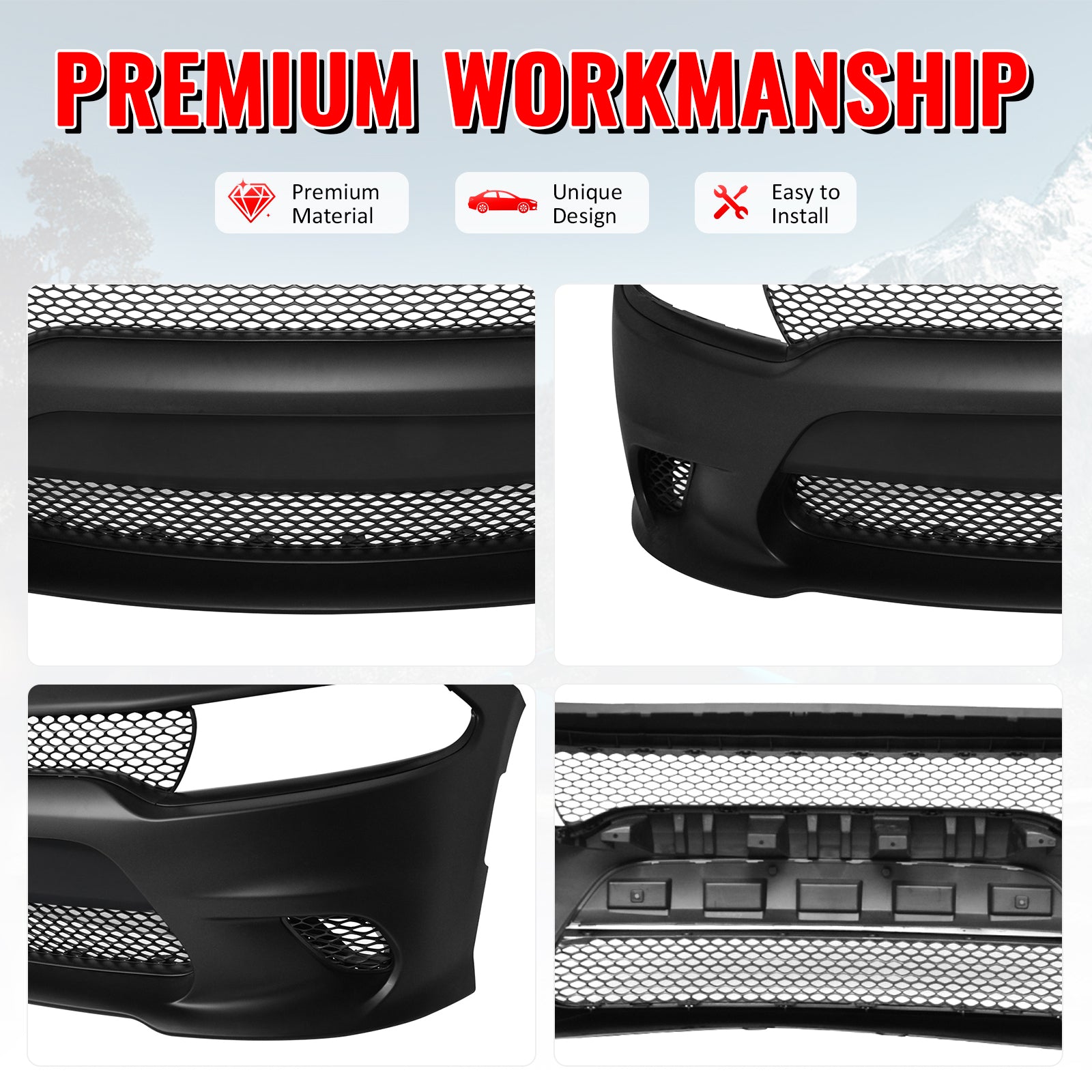 Fits 15-23 Dodge Charger SRT Hellcat Style Front Bumper Cover W/Fog Light Grille