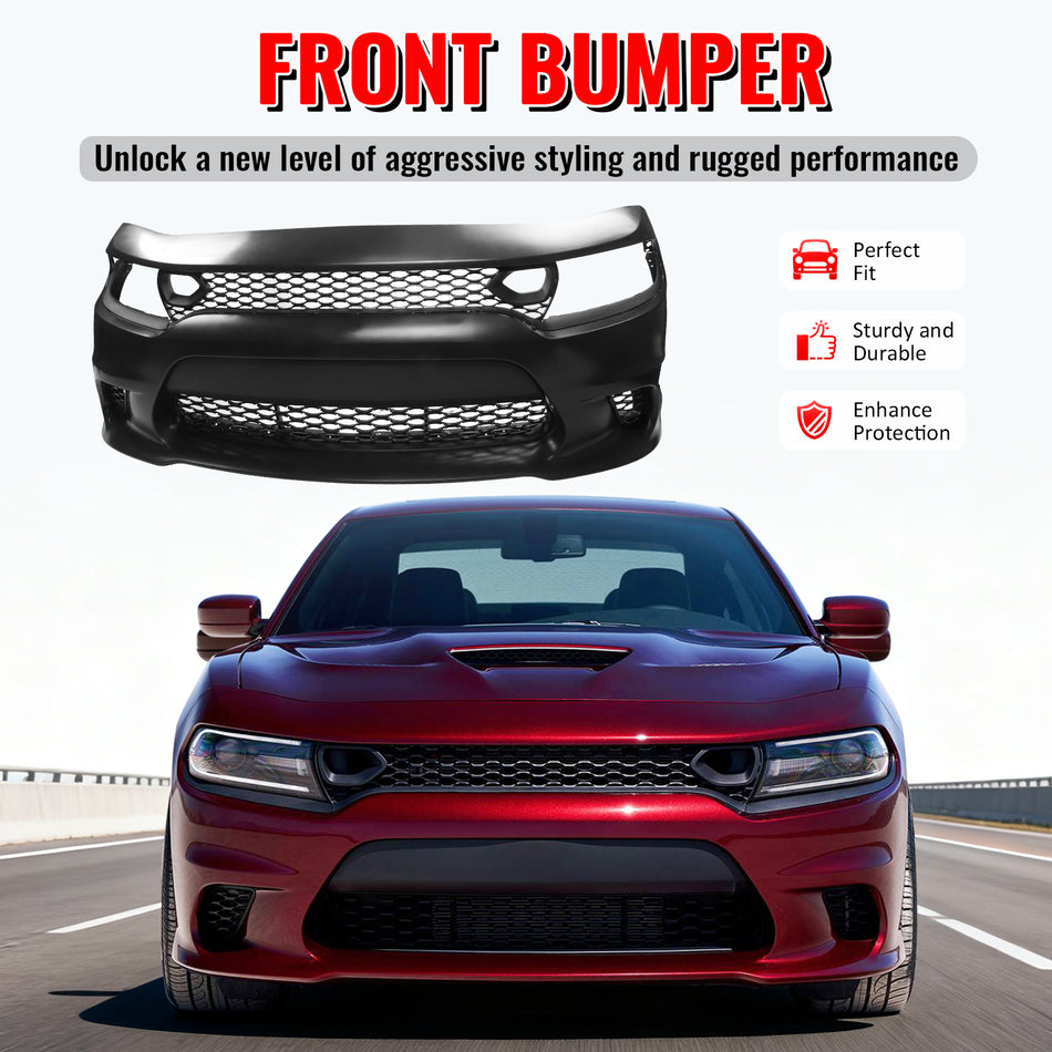 Fits 15-23 Dodge Charger SRT Hellcat Style Front Bumper W/Foglight Grille&Insert