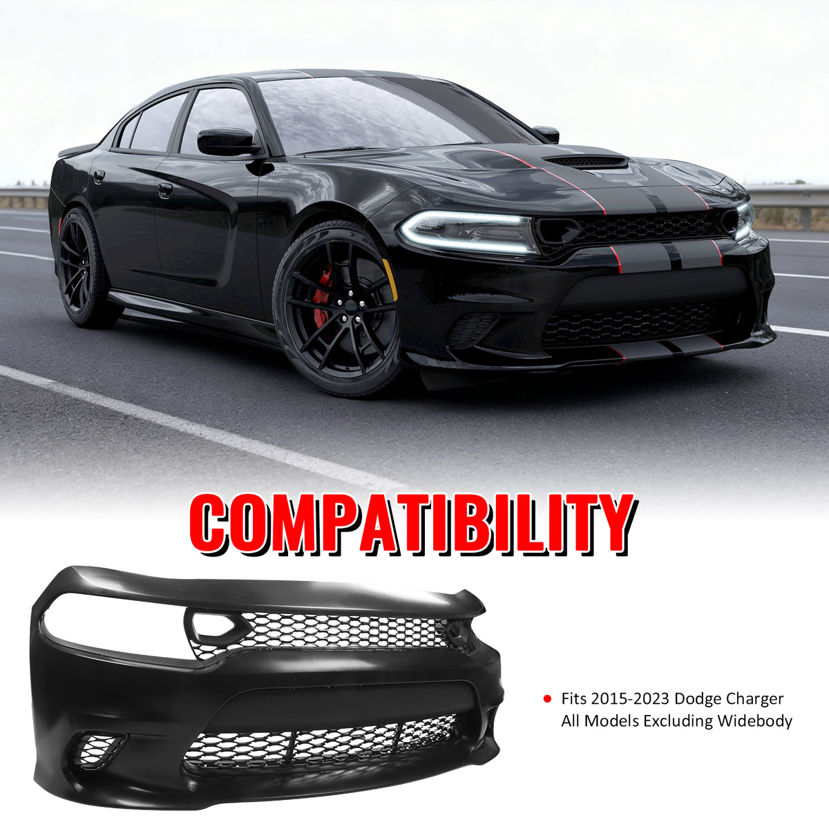 Fits 15-23 Dodge Charger SRT Hellcat Style Front Bumper W/Foglight Grille&Insert