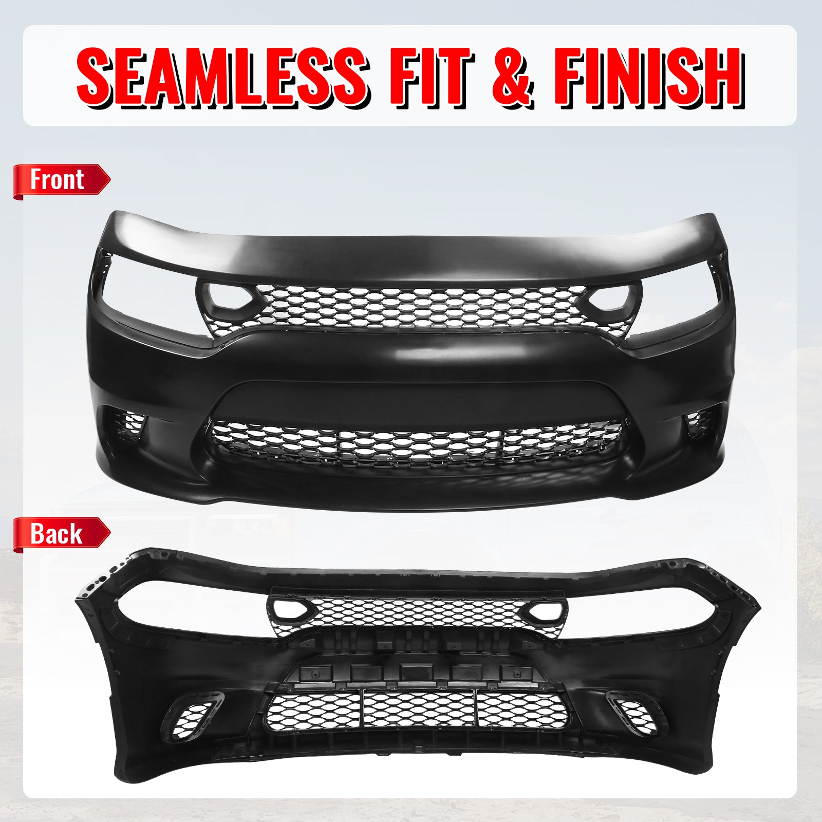 Fits 15-23 Dodge Charger SRT Hellcat Style Front Bumper W/Foglight Grille&Insert