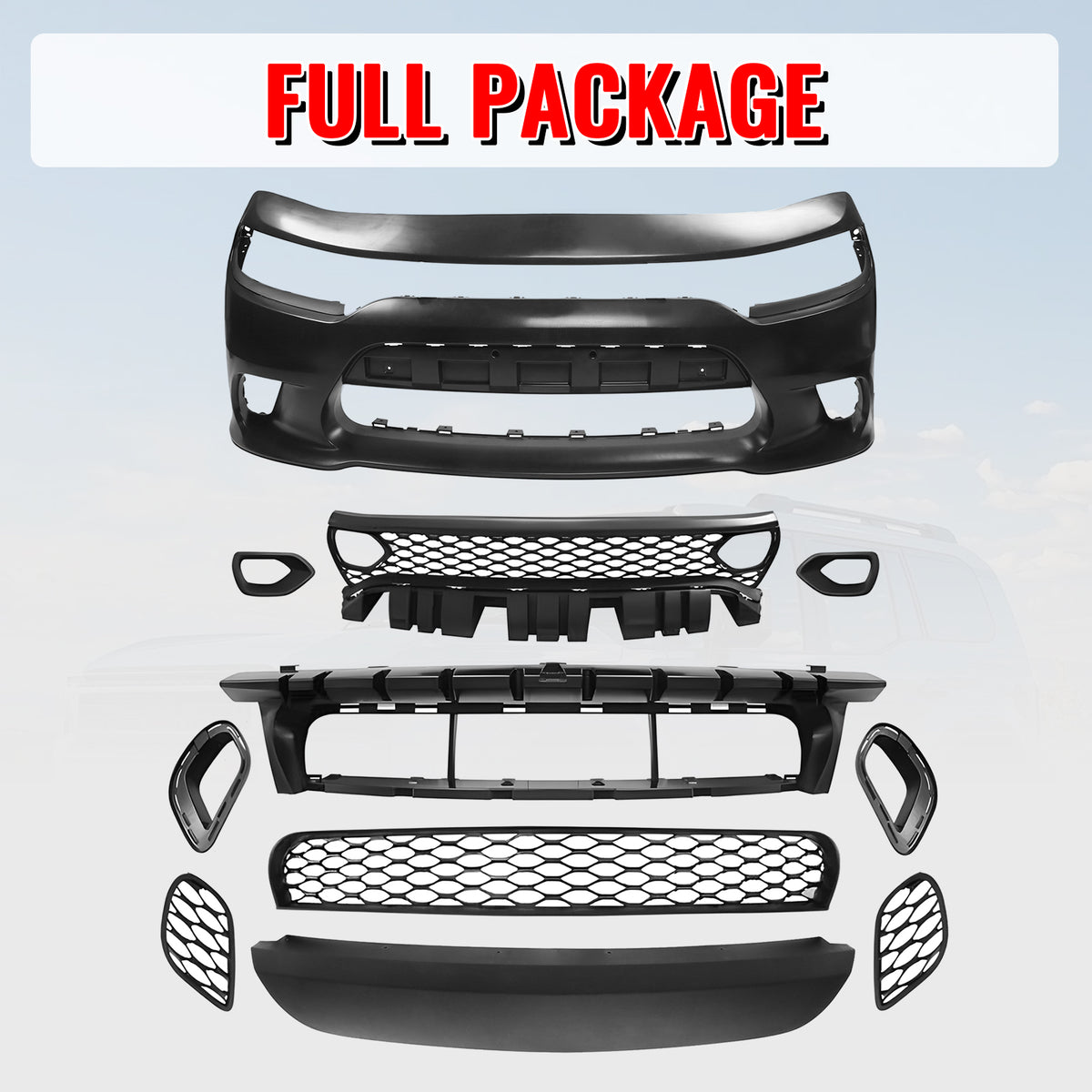 Fits 15-23 Dodge Charger SRT Hellcat Style Front Bumper W/Foglight Grille&Insert