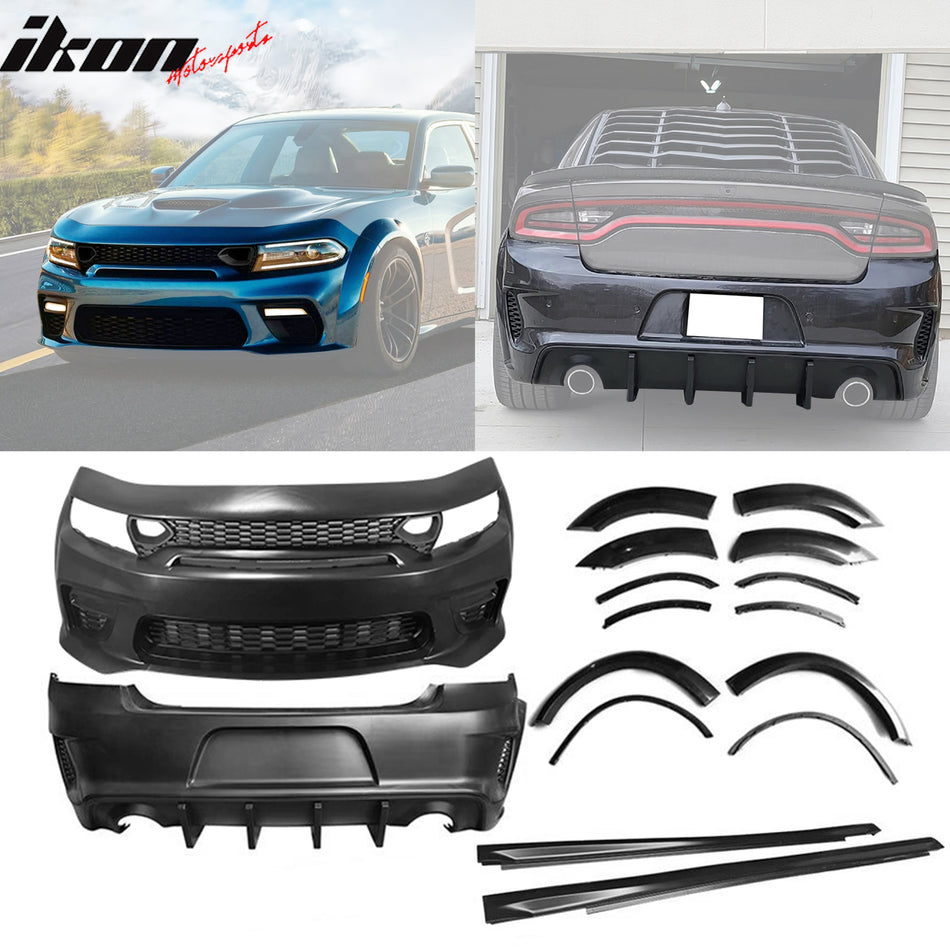 2015-2023 Charger IKON Matte Black Front Rear Bumper Covers LED PP