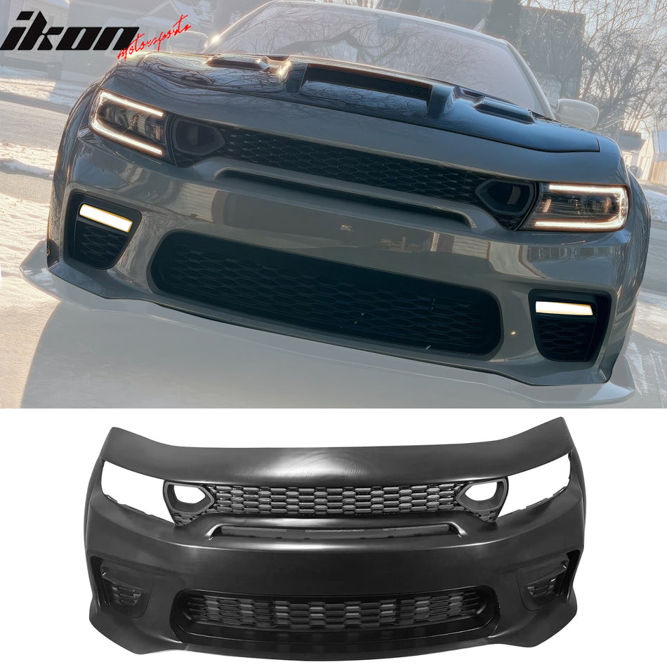 IKON MOTORSPORTS, Whole Kits Compatible With 2015-2023 Dodge Charger, Widebody Style Front Rear Bumper W/ SRT Scat Pack Grille + Side Skirts + Fender Flare IKON Matte Black Diffuser Whole Bodykits W/ Lights
