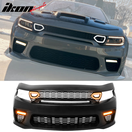 IKON MOTORSPORTS Front Rear Bumper Full Bodykit, Compatible with 2015-2023 Dodge Charger, Widebody Style PP ABS Matte Black Complete Bumper Conversion W/ SRT Scat Pack Grille Side Skirts Fender Flares
