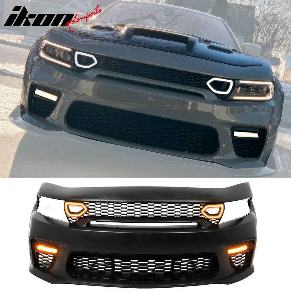 IKON MOTORSPORTS Front Rear Bumper Full Bodykit, Compatible with 2015-2023 Dodge Charger, Widebody Style PP ABS Matte Black Complete Bumper Conversion W/ SRT Scat Pack Grille Side Skirts Fender Flares