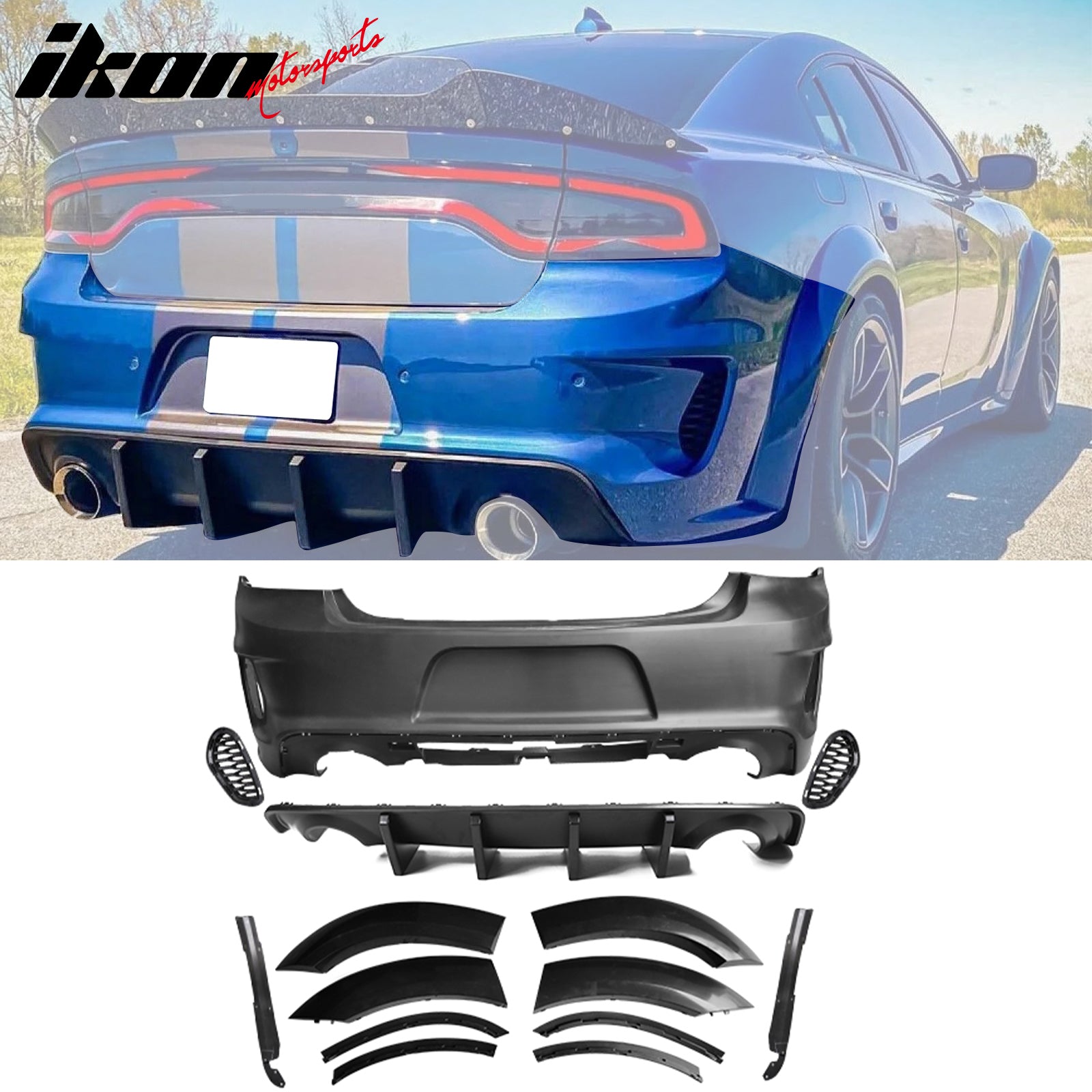 For 15-23 Charger Widebody LED Front Rear Bumper Cover W/ SRT Grille Matte Black