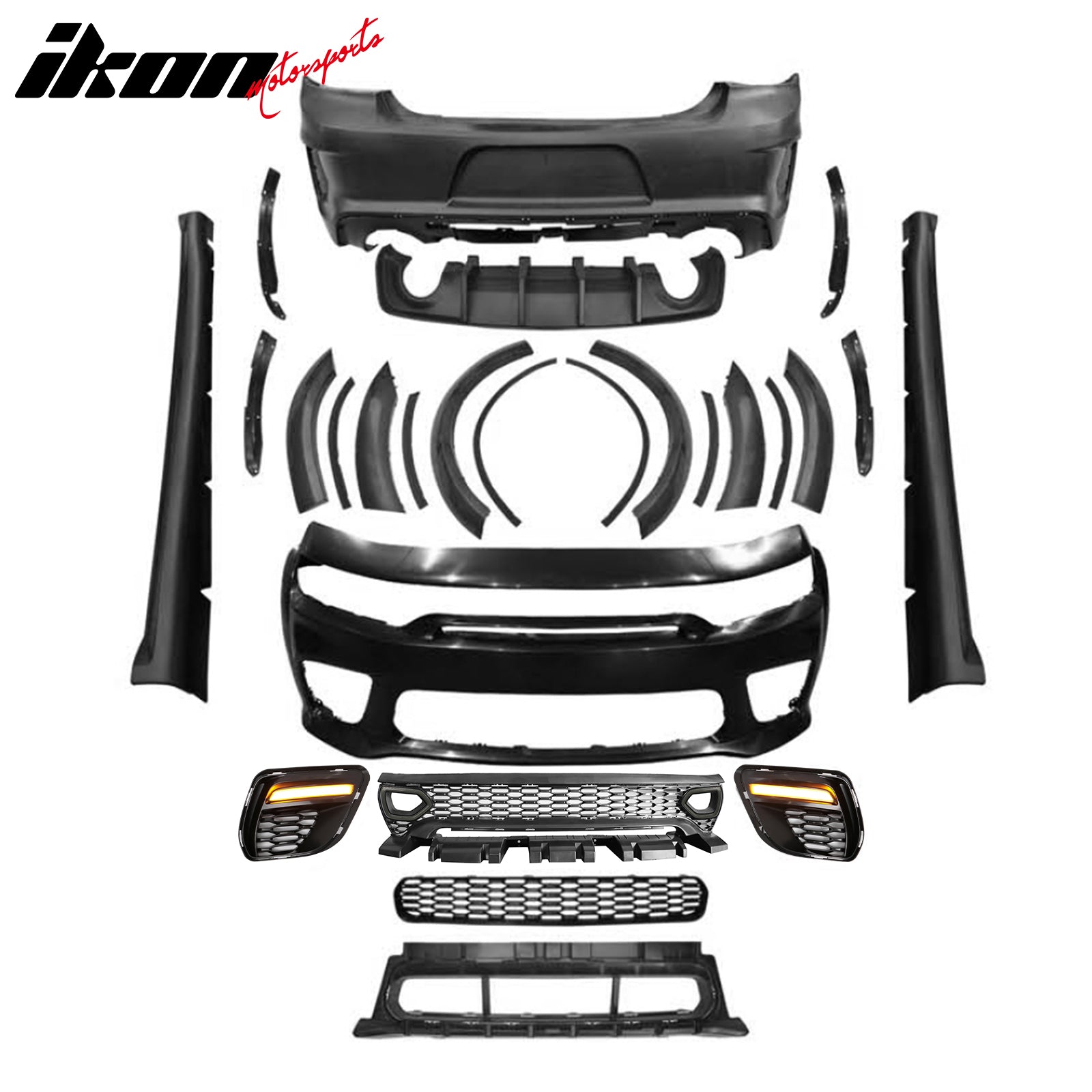 For 15-23 Charger Widebody LED Front Rear Bumper Cover W/ SRT Grille Matte Black