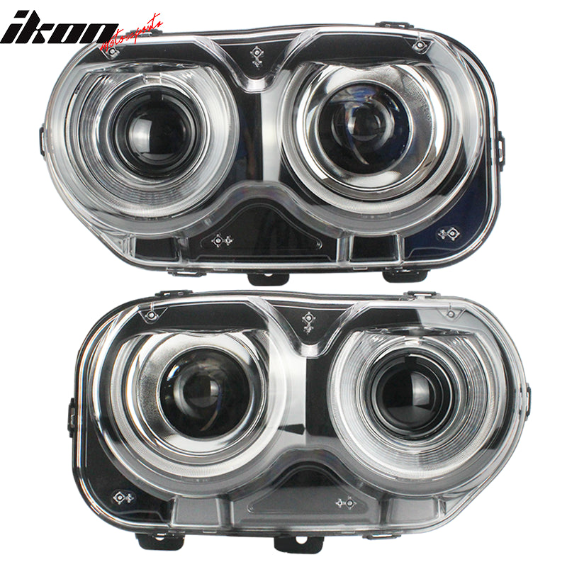 IKON MOTORSPORTS, Headlights Compatible With 2015-2023 Dodge Challenger, Sequential Halo DRL Projector Head Lamps Driver Passenger Side, 2016 2017 2018 2019