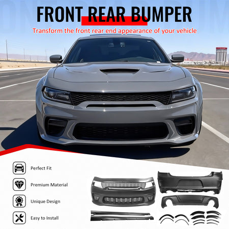 IKON MOTORSPORTS Front & Rear Bumper Cover, Compatible with 2015-2023 Dodge Charger, Widebody Style Unpainted Black PP Replacement Conversion with Fender Flares, Side Skirts and Factory Style Diffuser