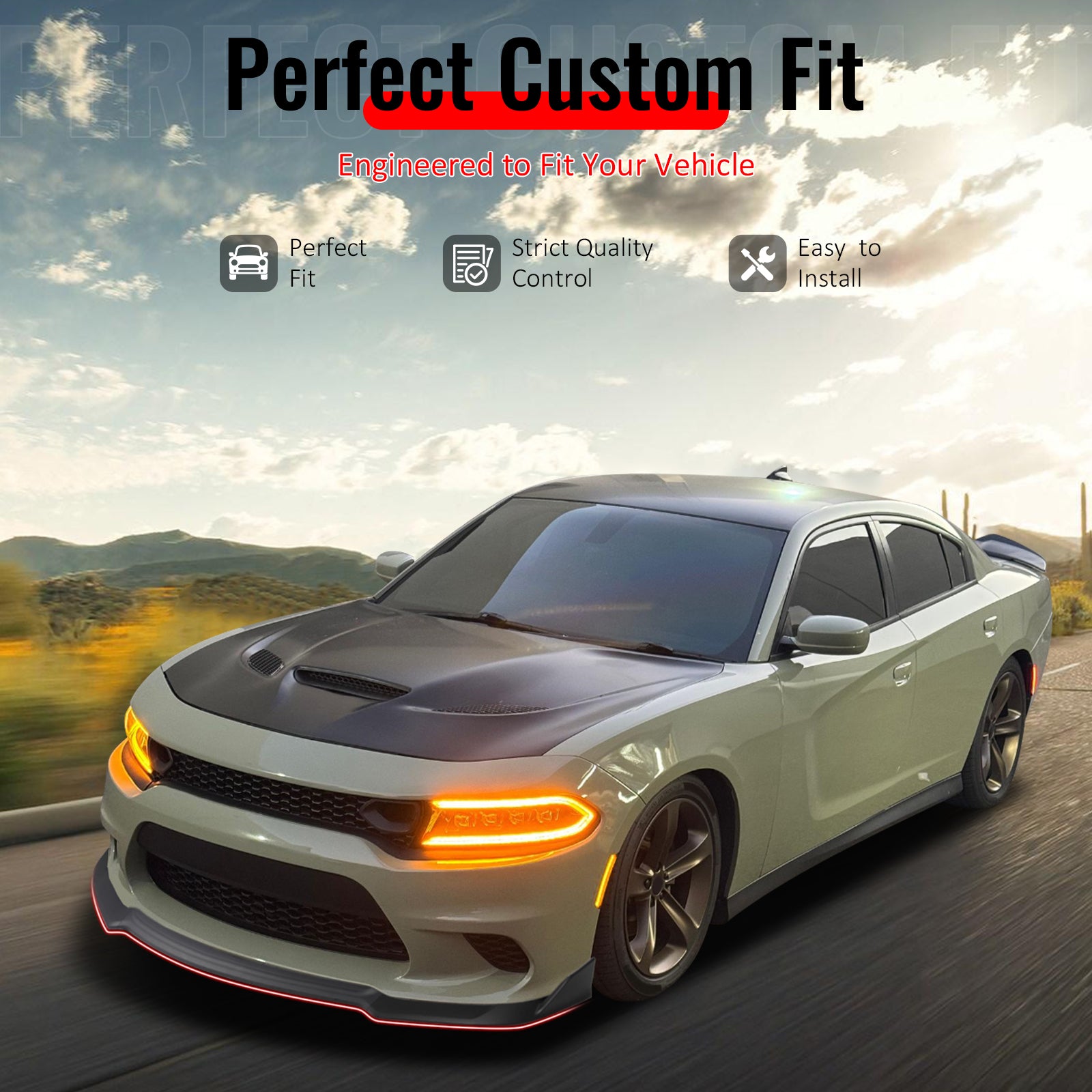 IKON MOTORSPORTS Front Bumper Lip, Compatible with 2015-2023 Dodge Charger SRT V4 A Style Carbon Fiber Print ABS Injection Add-on Air Dam Chin Spoiler Protector Splitter 3PCS