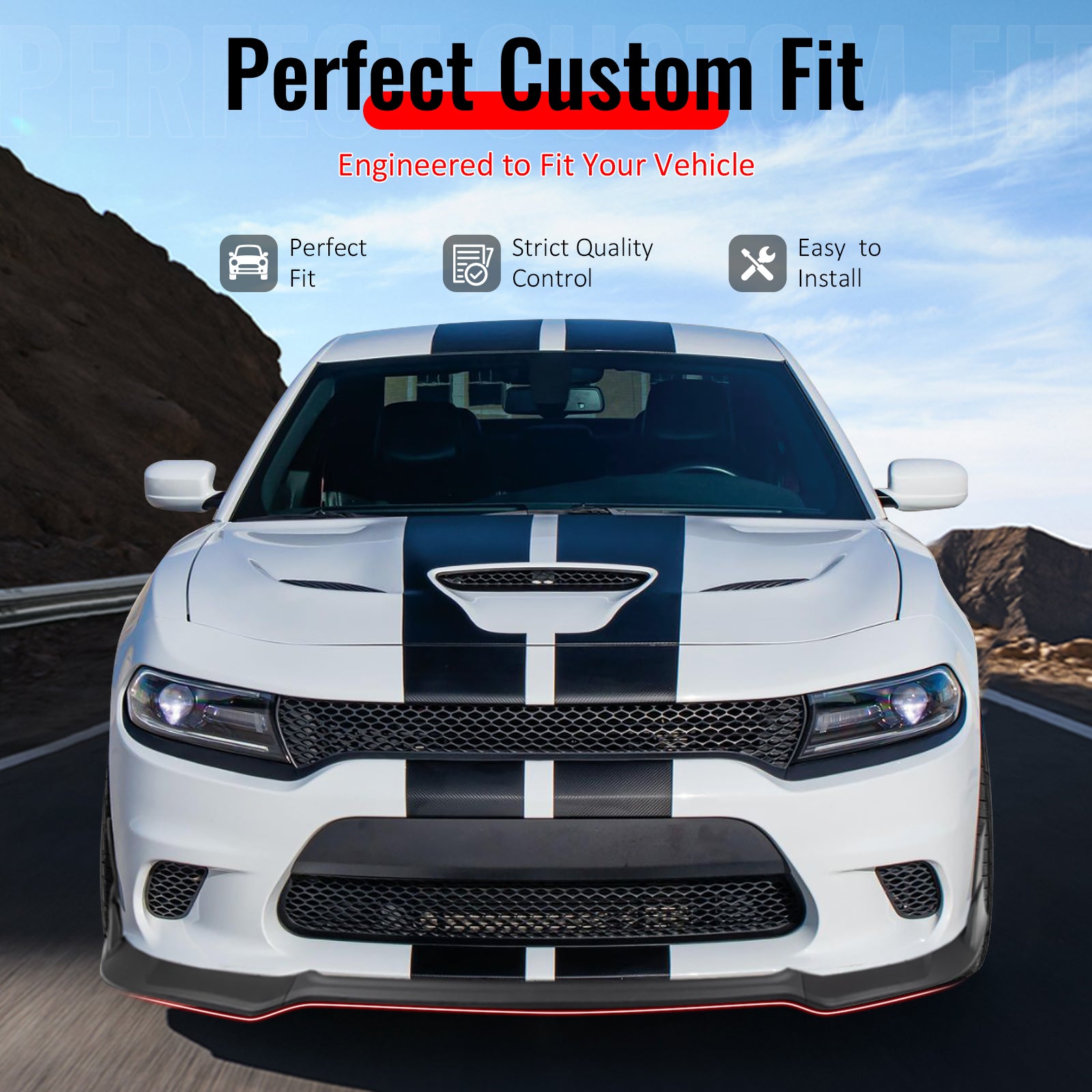 IKON MOTORSPORTS Front Bumper Lip, Compatible with 2015-2023 Dodge Charger SRT V4 B Style Carbon Fiber Print ABS Injection Add-on Air Dam Chin Spoiler Protector Splitter 5PCS