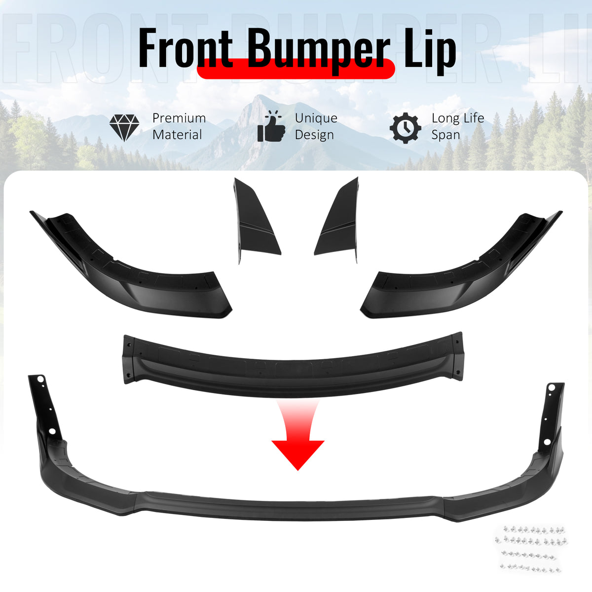 Fits 15-23 Dodge Charger SRT V4 B Style ABS Front Bumper Lip Matte Black 5PCS