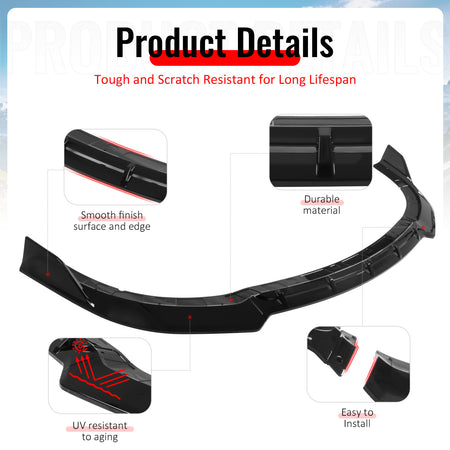 Fits 15-23 Dodge Charger SRT V5 A Style ABS Front Bumper Lip Gloss Black 3PCS