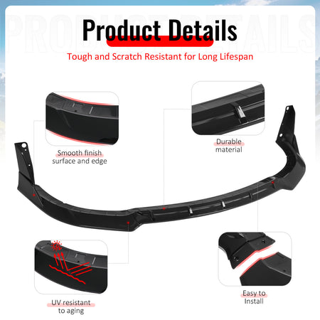 Fits 15-23 Dodge Charger SRT V5 B Style ABS Front Bumper Lip Gloss Black 5PCS