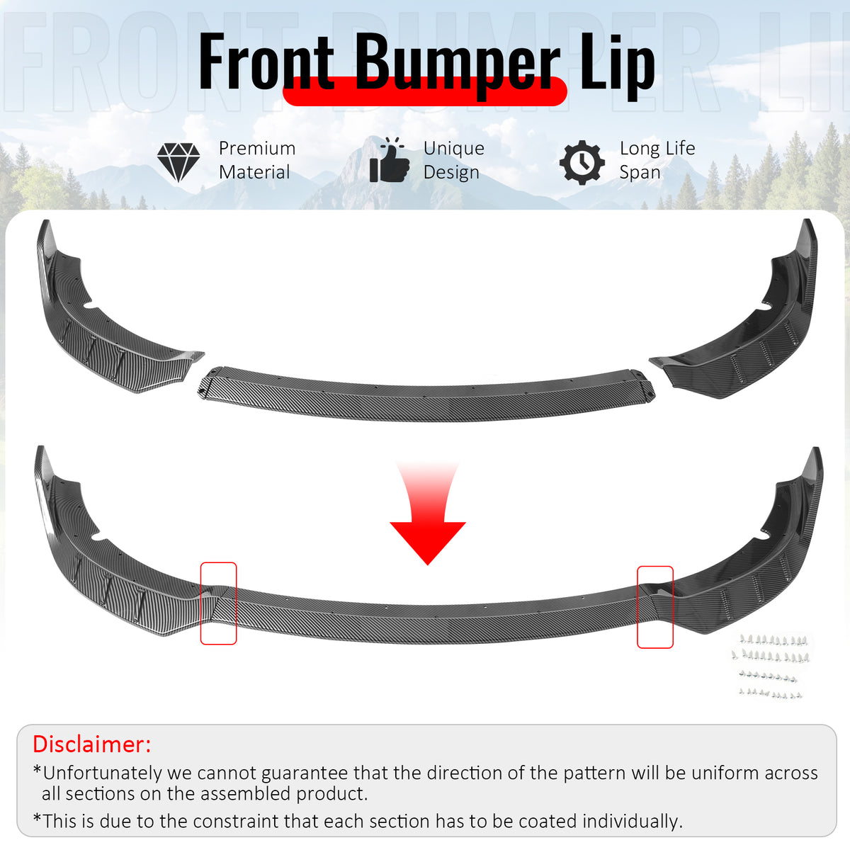 IKON MOTORSPORTS Front Bumper Lip, Compatible with 2015-2023 Dodge Charger SRT V6 A Style Carbon Fiber Print ABS Injection Add-on Air Dam Chin Spoiler Protector Splitter 3PCS