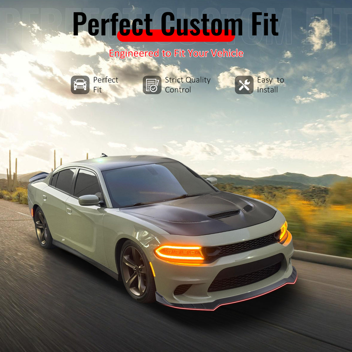 IKON MOTORSPORTS Front Bumper Lip, Compatible with 2015-2023 Dodge Charger SRT V6 A Style Matte Black ABS Injection Add-on Air Dam Chin Spoiler Protector Splitter 3PCS