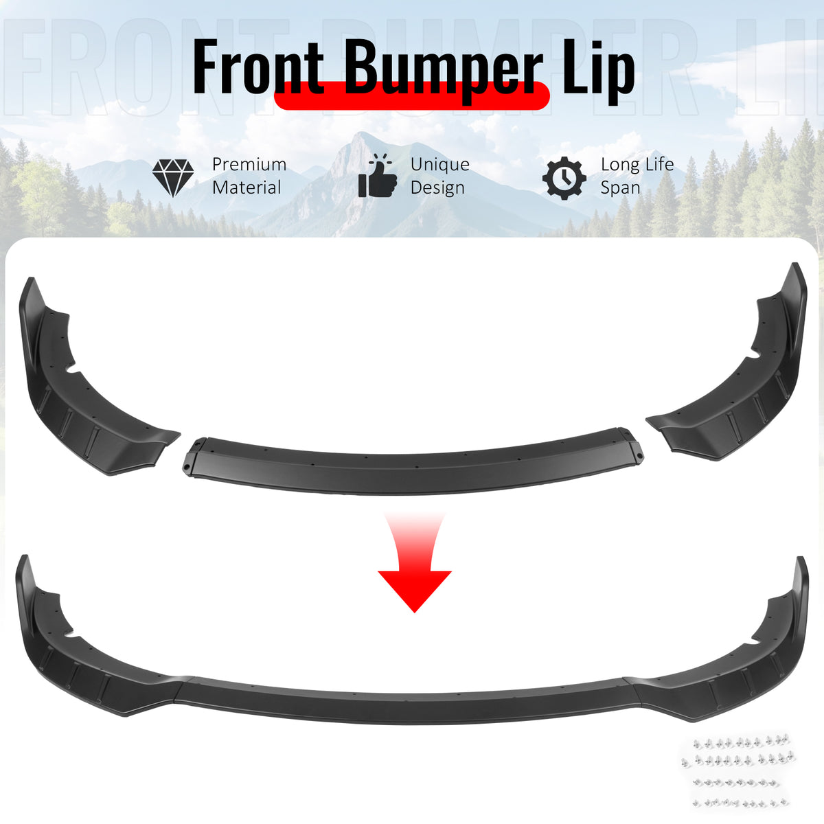 Fits 15-23 Dodge Charger SRT V6 A Style ABS Front Bumper Lip Matte Black 3PCS