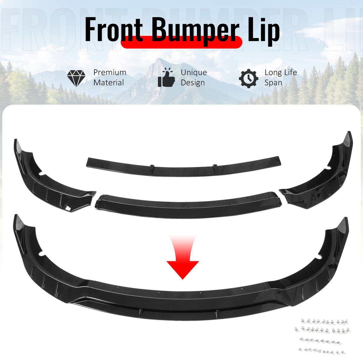 IKON MOTORSPORTS Front Bumper Lip, Compatible with 2015-2023 Dodge Charger SRT V6 B Style Gloss Black ABS Injection Add-on Air Dam Chin Spoiler Protector Splitter 4PCS