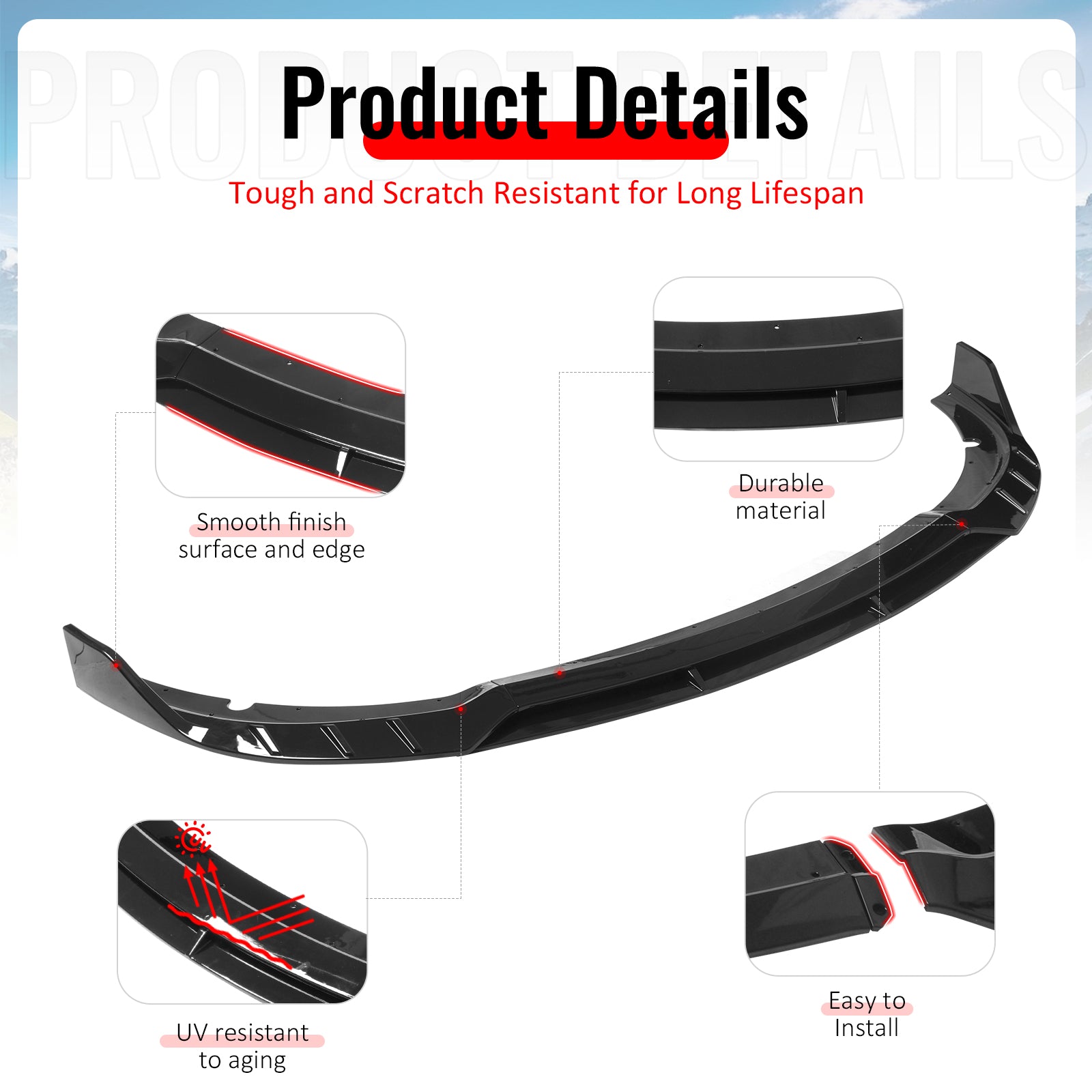 Fits 15-23 Dodge Charger SRT V6 B Style ABS Front Bumper Lip Gloss Black 4PCS