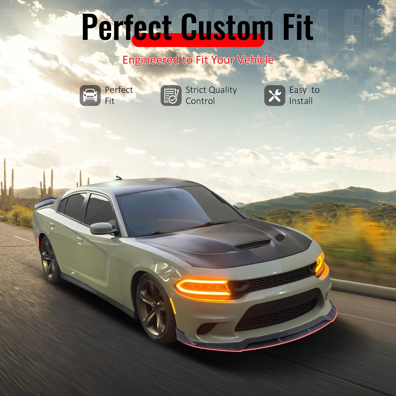 IKON MOTORSPORTS Front Bumper Lip, Compatible with 2015-2023 Dodge Charger SRT V6 B Style Matte Black ABS Injection Add-on Air Dam Chin Spoiler Protector Splitter 4PCS