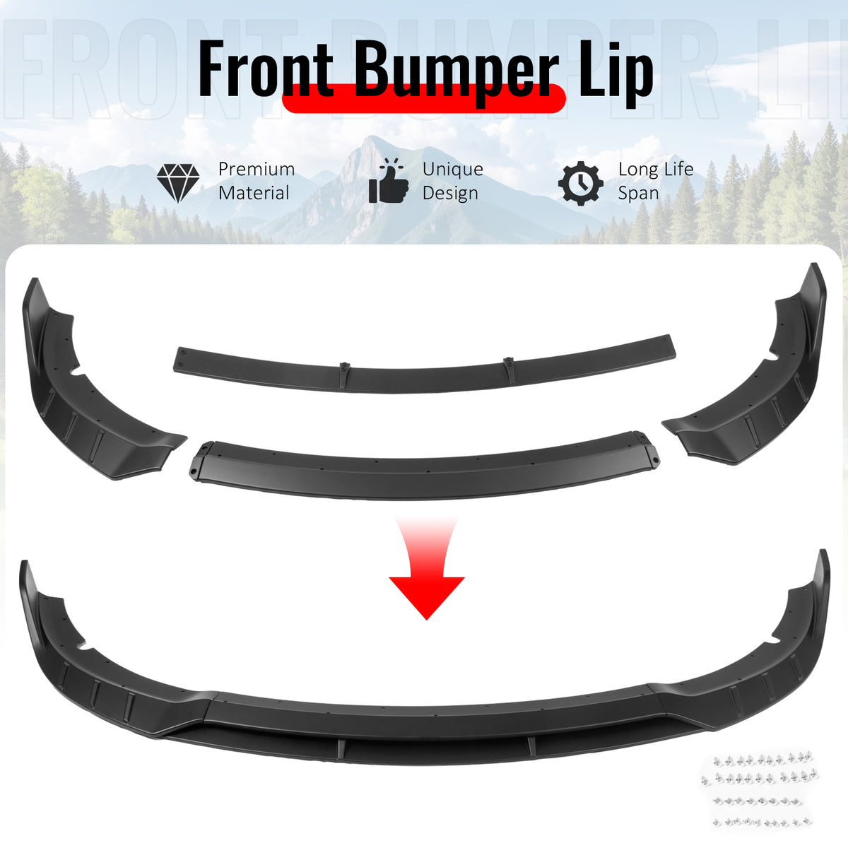 Fits 15-23 Dodge Charger SRT V6 B Style ABS Front Bumper Lip Matte Black 4PCS