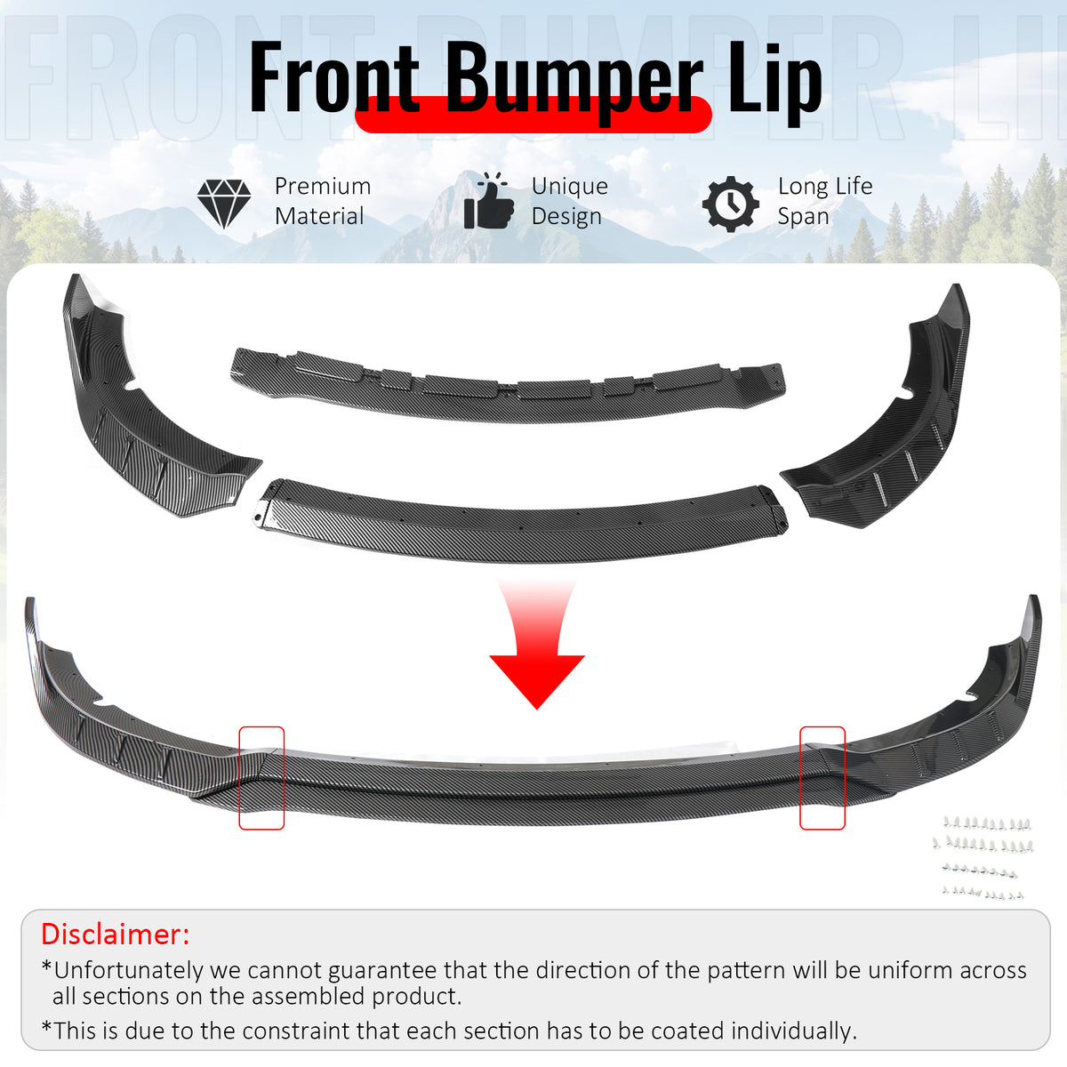 IKON MOTORSPORTS Front Bumper Lip, Compatible with 2015-2023 Dodge Charger SRT V6 C Style Carbon Fiber Print ABS Injection Add-on Air Dam Chin Spoiler Protector Splitter 4PCS