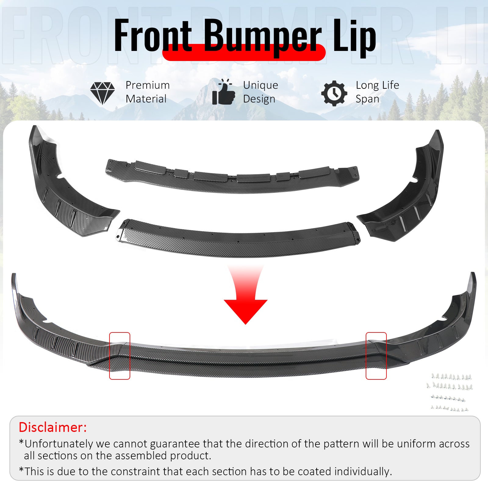 IKON MOTORSPORTS Front Bumper Lip, Compatible with 2015-2023 Dodge Charger SRT V6 C Style Carbon Fiber Print ABS Injection Add-on Air Dam Chin Spoiler Protector Splitter 4PCS