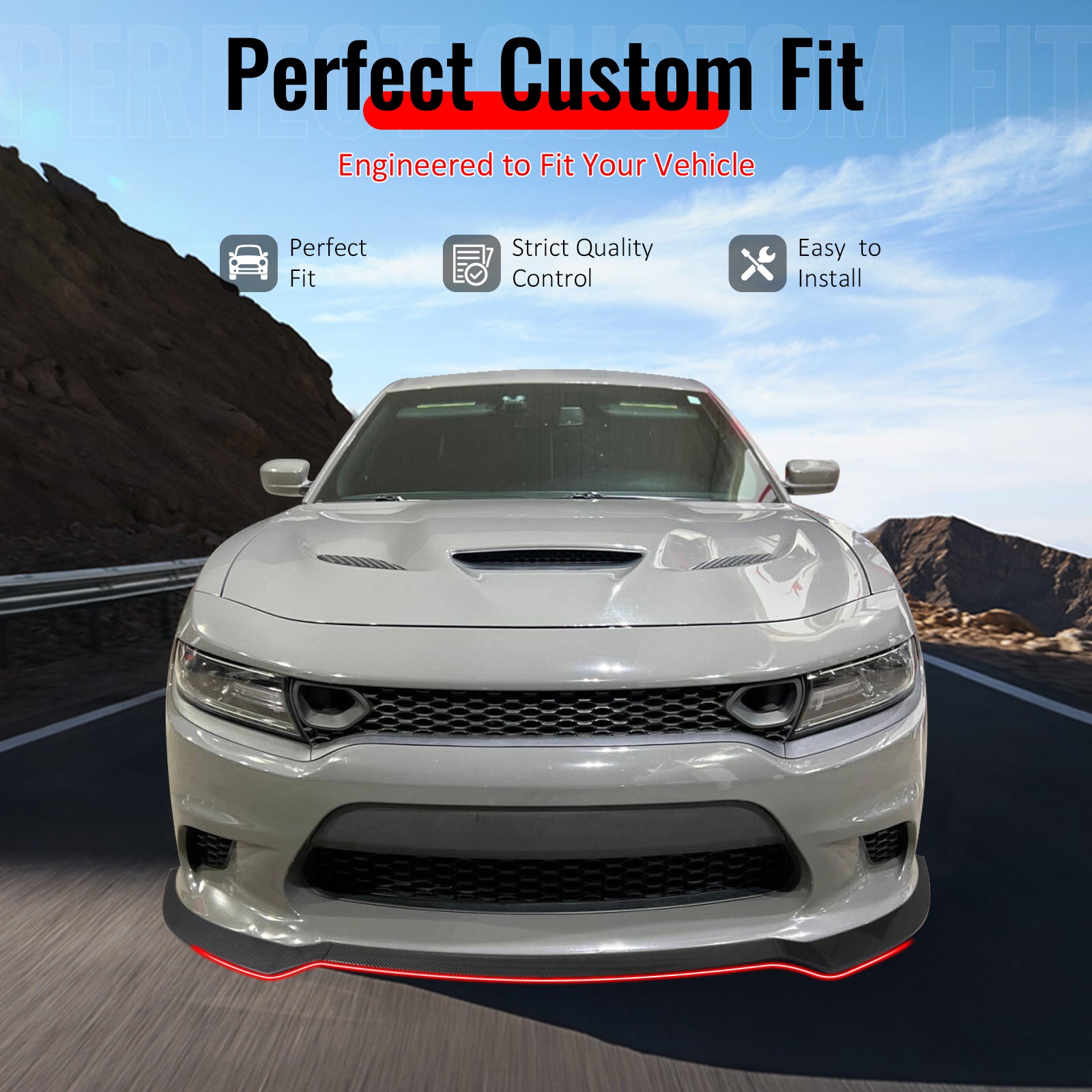 IKON MOTORSPORTS Front Bumper Lip, Compatible with 2015-2023 Dodge Charger SRT V7 A Style Carbon Fiber Print ABS Injection Add-on Air Dam Chin Spoiler Protector Splitter 3PCS