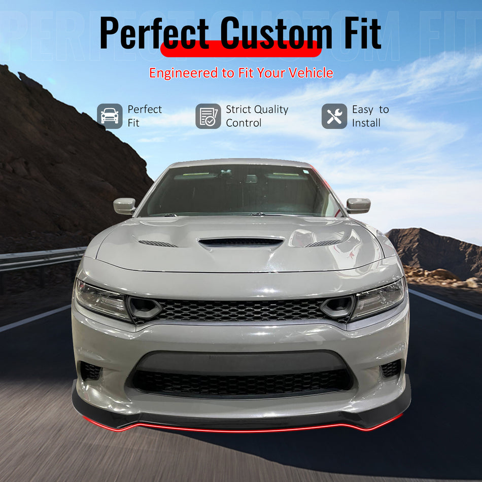 IKON MOTORSPORTS Front Bumper Lip, Compatible with 2015-2023 Dodge Charger SRT V7 A Style Gloss Black ABS Injection Add-on Air Dam Chin Spoiler Protector Splitter 3PCS