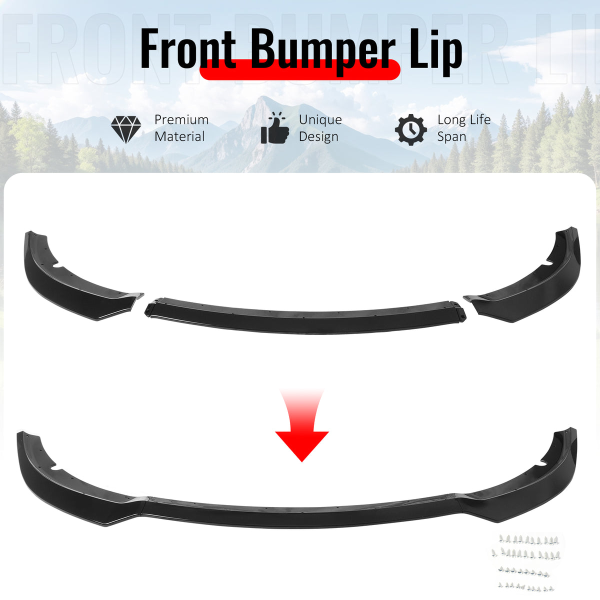 Fits 15-23 Dodge Charger SRT V7 A Style ABS Front Bumper Lip Gloss Black 3PCS