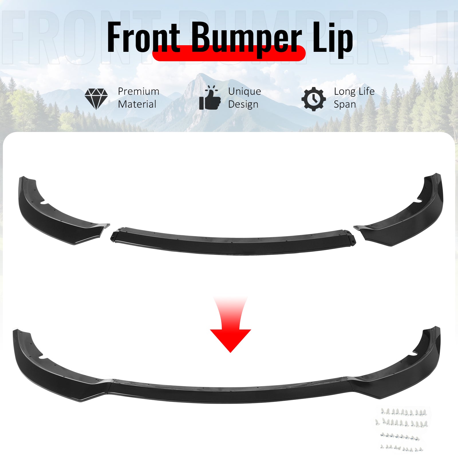 Fits 15-23 Dodge Charger SRT V7 A Style ABS Front Bumper Lip Gloss Black 3PCS