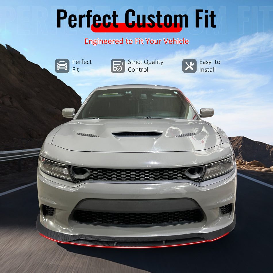 IKON MOTORSPORTS Front Bumper Lip, Compatible with 2015-2023 Dodge Charger SRT V7 B Style Carbon Fiber Print ABS Injection Add-on Air Dam Chin Spoiler Protector Splitter 4PCS