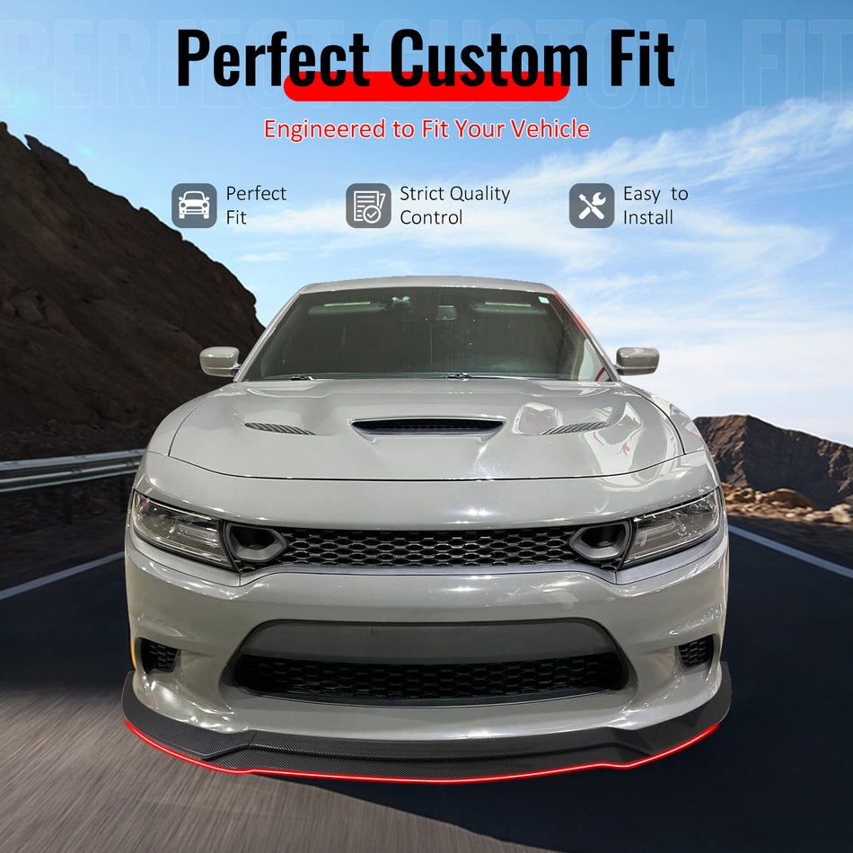 IKON MOTORSPORTS Front Bumper Lip, Compatible with 2015-2023 Dodge Charger SRT V7 C Style Carbon Fiber Print ABS Injection Add-on Air Dam Chin Spoiler Protector Splitter 4PCS