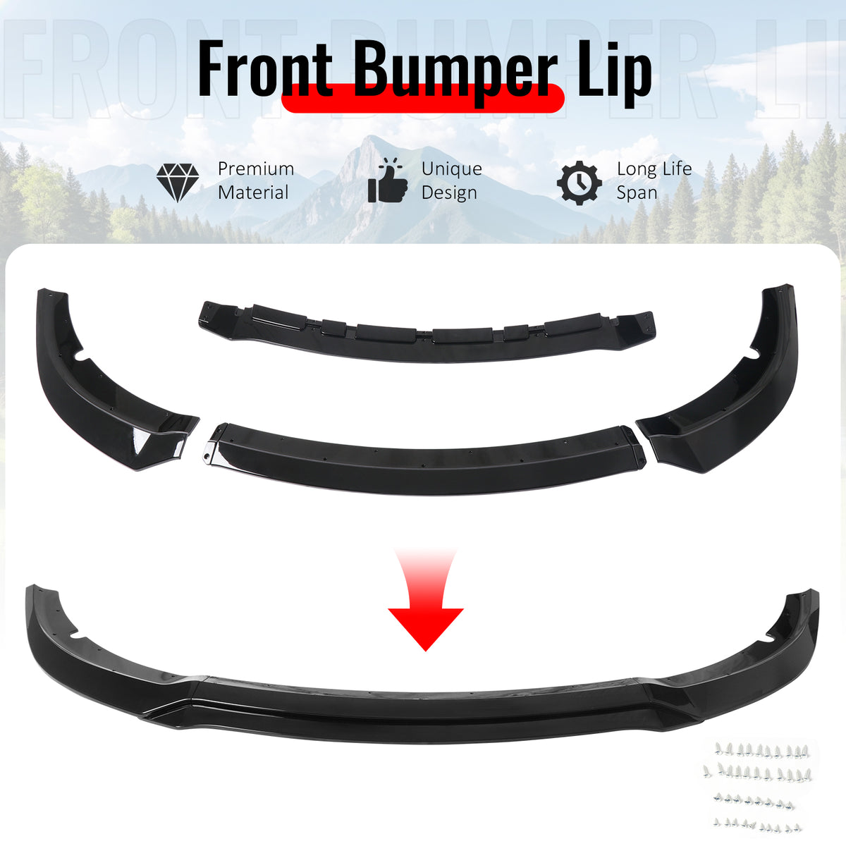 Fits 15-23 Dodge Charger SRT V7 C Style ABS Front Bumper Lip Gloss Black 4PCS