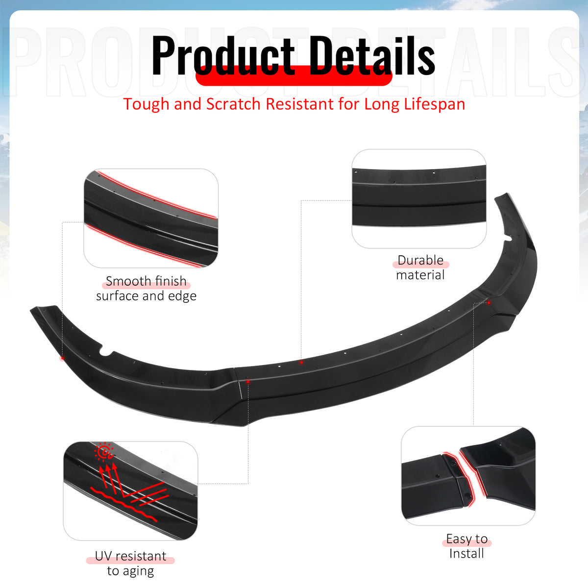 Fits 15-23 Dodge Charger SRT V7 C Style ABS Front Bumper Lip Gloss Black 4PCS