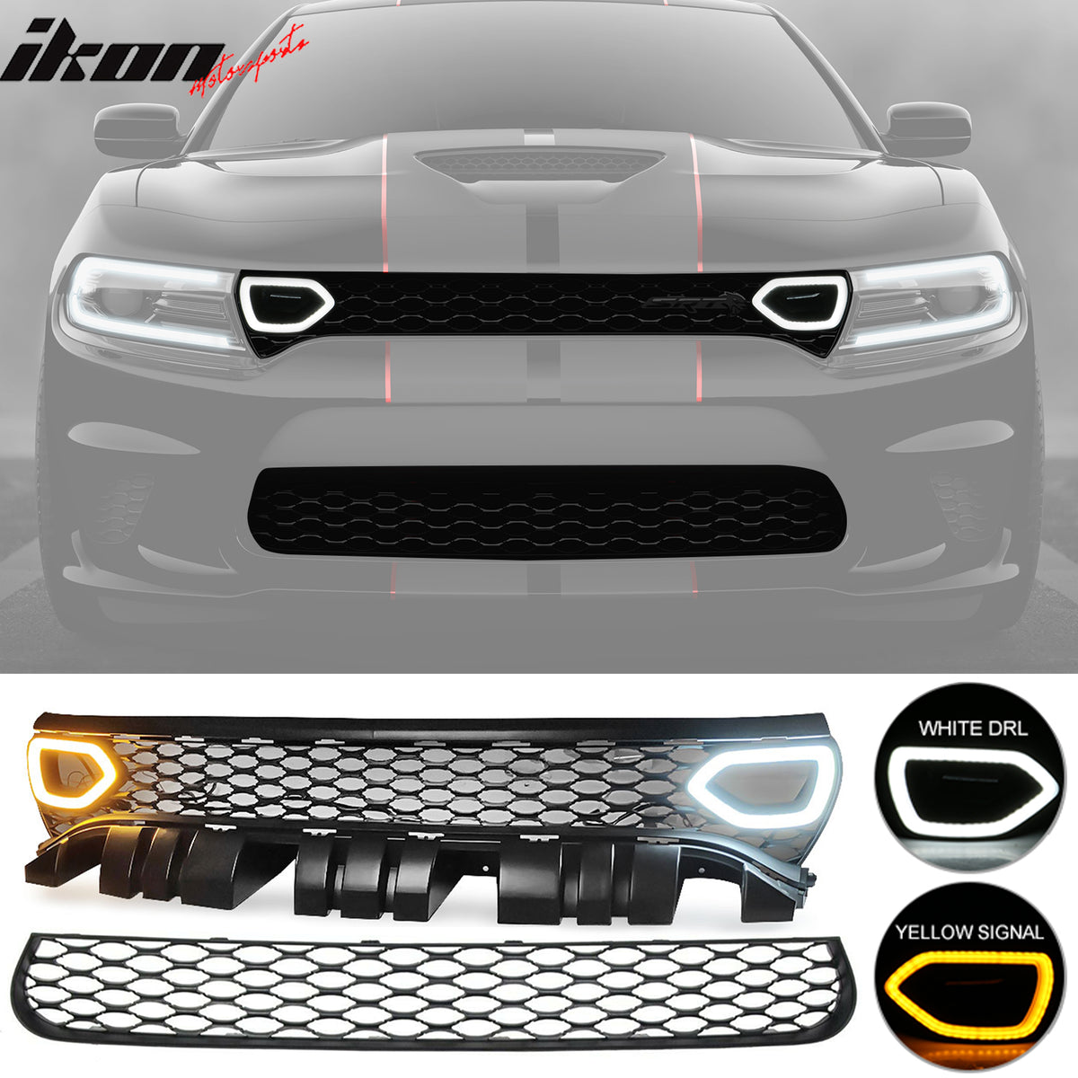 Fits 15-23 Dodge Charger SRT Style Front Upper & Lower Grille w/ LED Lights Ikon Motorsports Fits 15-23 Dodge Charger SRT Style Front Upper & Lower Grille w/ LED Lights Ikon Motorsports