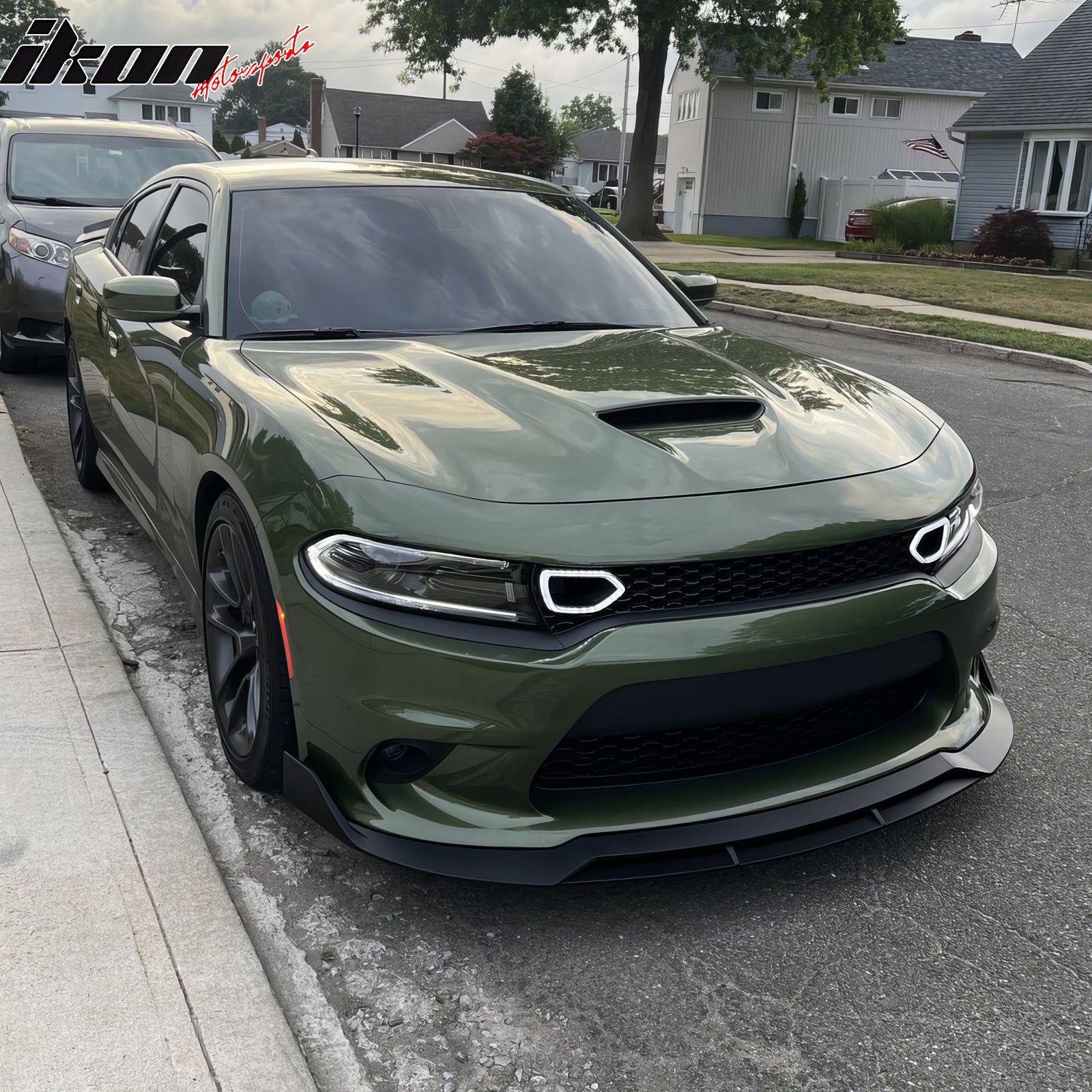 IKON MOTORSPORTS Front Bumper Lip, Compatible with 2015-2023 Dodge Charger SRT V2 Style Gloss Black ABS Injection Add-on Air Dam Chin Spoiler Protector Splitter 4PCS