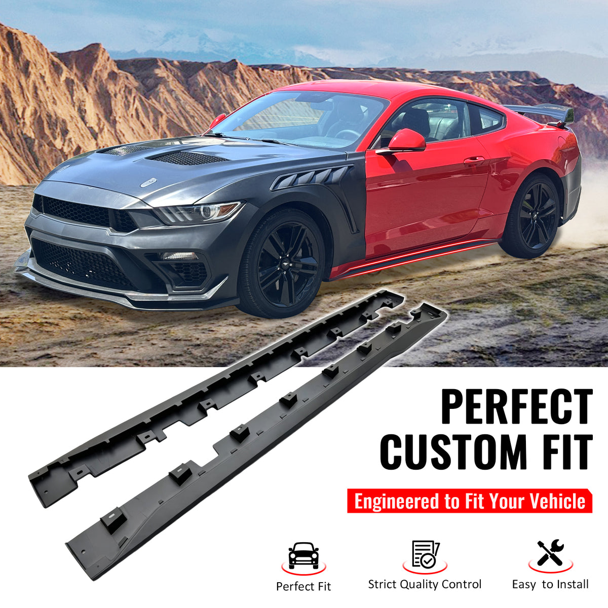 IKON MOTORSPORTS, Side Skirts Extension Compatible with 2015-2023 Ford Mustang, Dark Horse Style PP Polypropylene Textured Black Rocker Panel Splitter Side Underbody Spoiler