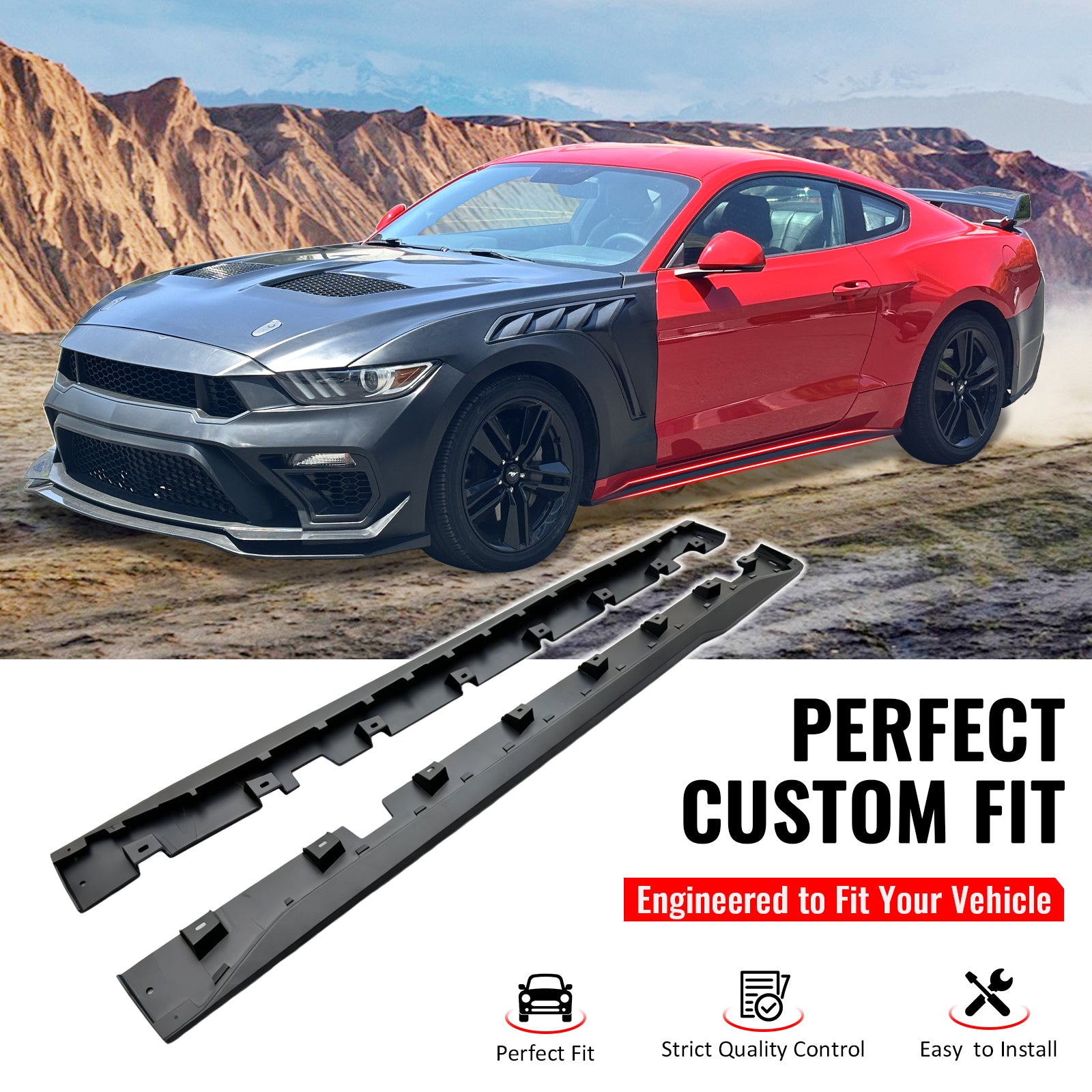IKON MOTORSPORTS, Side Skirts Extension Compatible with 2015-2023 Ford Mustang, Dark Horse Style PP Polypropylene Textured Black Rocker Panel Splitter Side Underbody Spoiler
