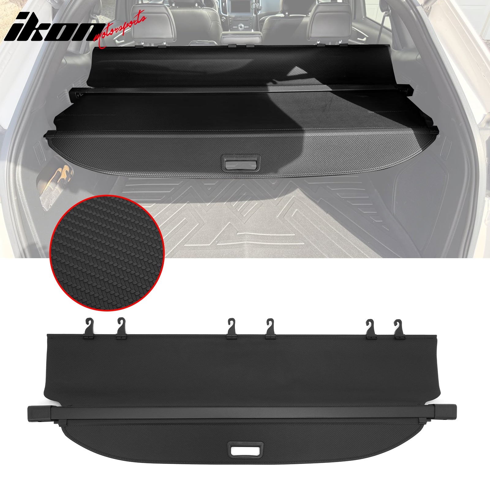IKON MOTORSPORTS, Rear Retractable Cargo Cover + 3D TPE Floor Mats, Compatible with 2015-2024 Ford Edge, ABS Aluminum Vinyl Trunk Security Luggage Shield Shade, Carbon Fiber Texture