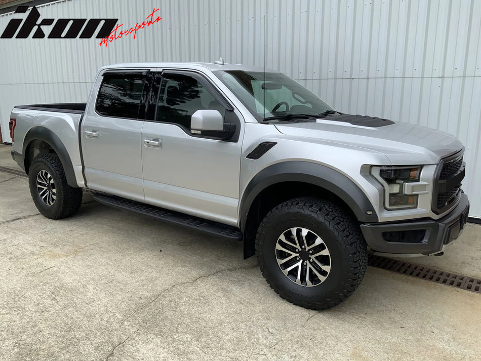 IKON MOTORSPORTS Tape On External Window Visor, Compatible With 2015-2025 Ford F150 & 2017-2025 F250 F350 F450 Crew Cab (Super Crew Cab), Slim Style Acrylic Black Sun Rain Guard Cover