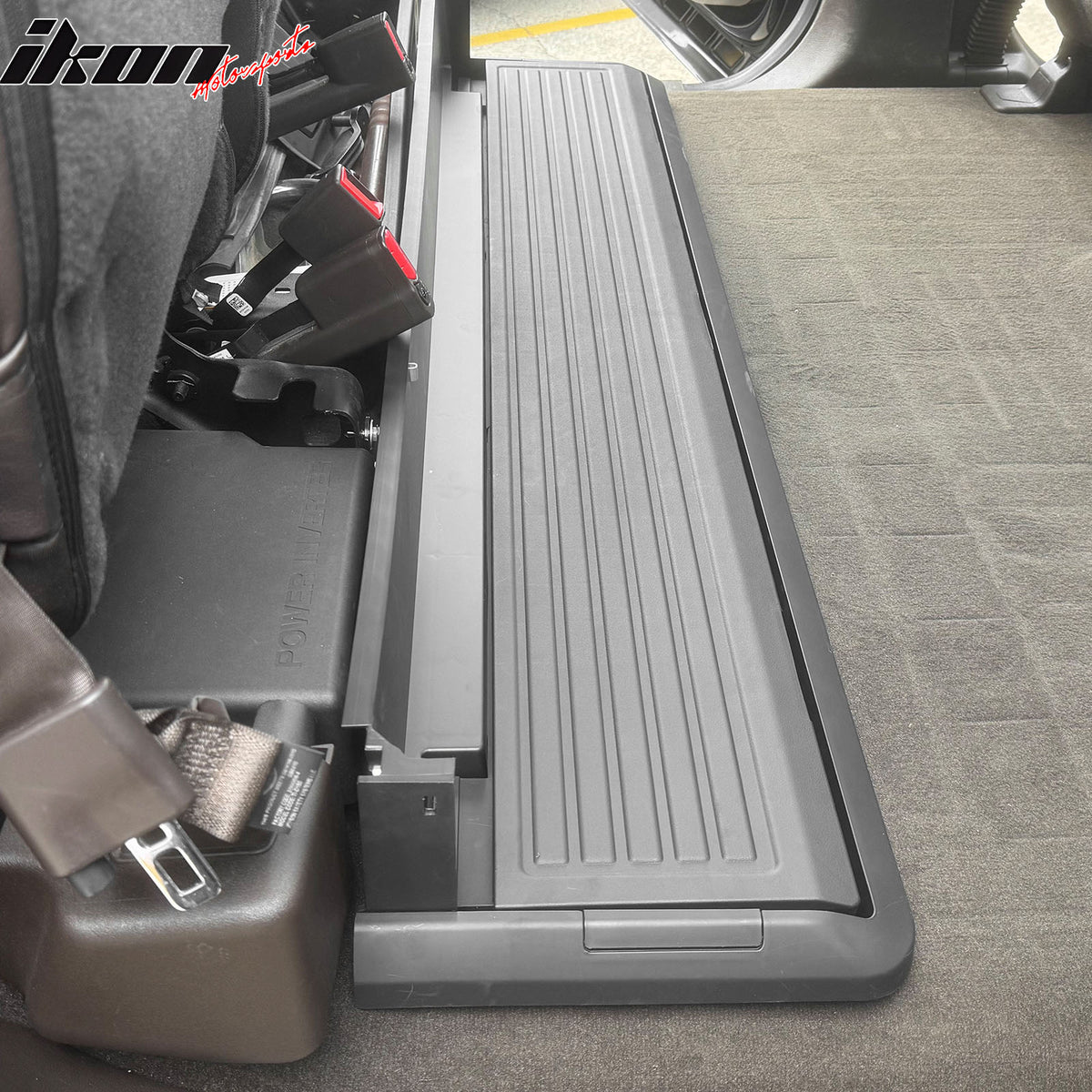 IKON MOTORSPORTS Seat Storage Box Compatible With 2015-2025 Ford F-150 F-250 F-350 F-450 Crew Cab Supercrew, Unpainted Black Plastic Upgraded Foldable Rear Under Seat Cargo Storage Box