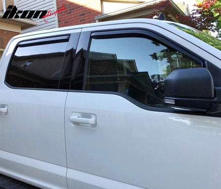IKON MOTORSPORTS In Channel Window Visors Compatible with 2015-2025 Ford F-150 2017-2025 F250/F350/F450 Superduty Crew Cab, Slim Style Acrylic Smoke Rain Guards, Side Window Wind Deflectors 4PCS