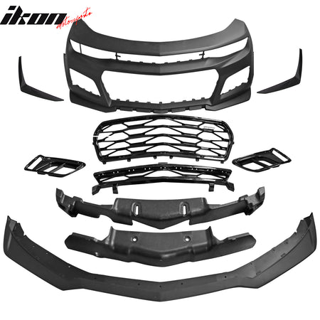 IKON MOTORSPORTS Front Bumper Covers W Grille, Compatible with 2016-2018 Chevrolet Camaro, ZL1 Style Unpainted Black PP Replacement Bumper Conversion Bodykit W/ ABS Canards