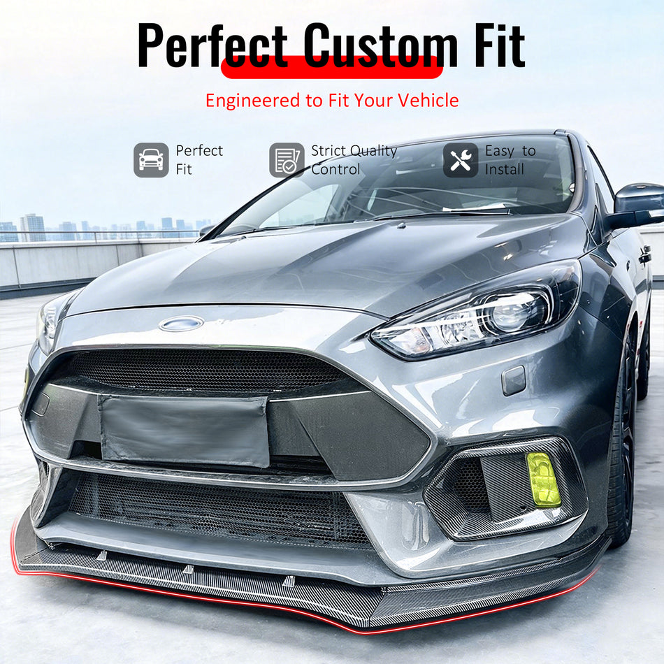 IKON MOTORSPORTS Front Bumper Lip Splitters, Compatible with 2016-2018 Ford Focus RS, IKON Style Carbon Fiber Print ABS Plastic Air Dam Chin Spoiler Protector Splitter 3PCS