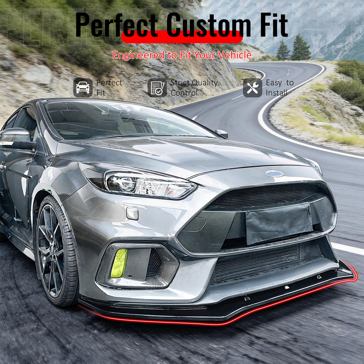 IKON MOTORSPORTS Front Bumper Lip Splitters, Compatible with 2016-2018 Ford Focus RS, IKON Style Gloss Black ABS Plastic Air Dam Chin Spoiler Protector Splitter 3PCS