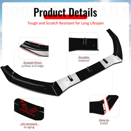 Fits 16-18 Ford Focus RS IKON Style Front Bumper Lip Spoiler Gloss Black 3PCS