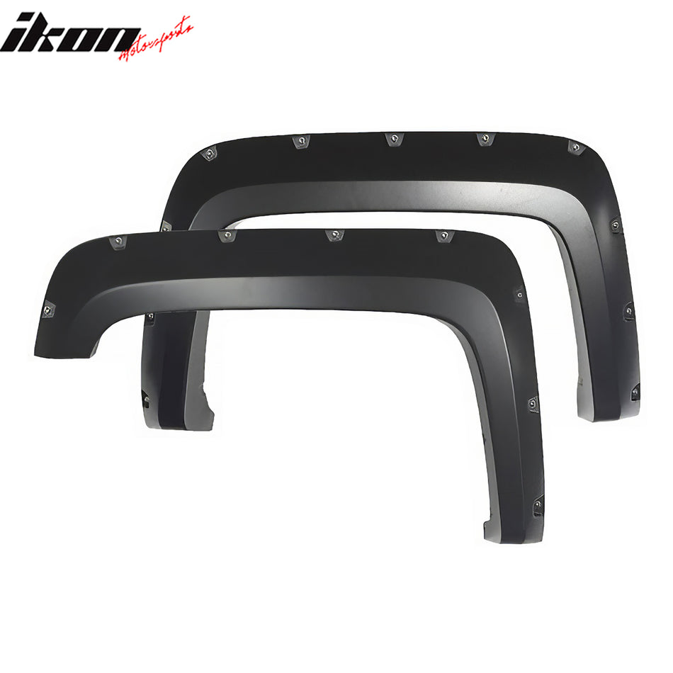 IKON MOTORSPORTS Fender Flares Compatible with 2016-2018 GMC Sierra 2500 HD, Pocket Rivet Style Smooth Black Wheel Flare Cover Protector Set, 4 Pcs, Front & Rear