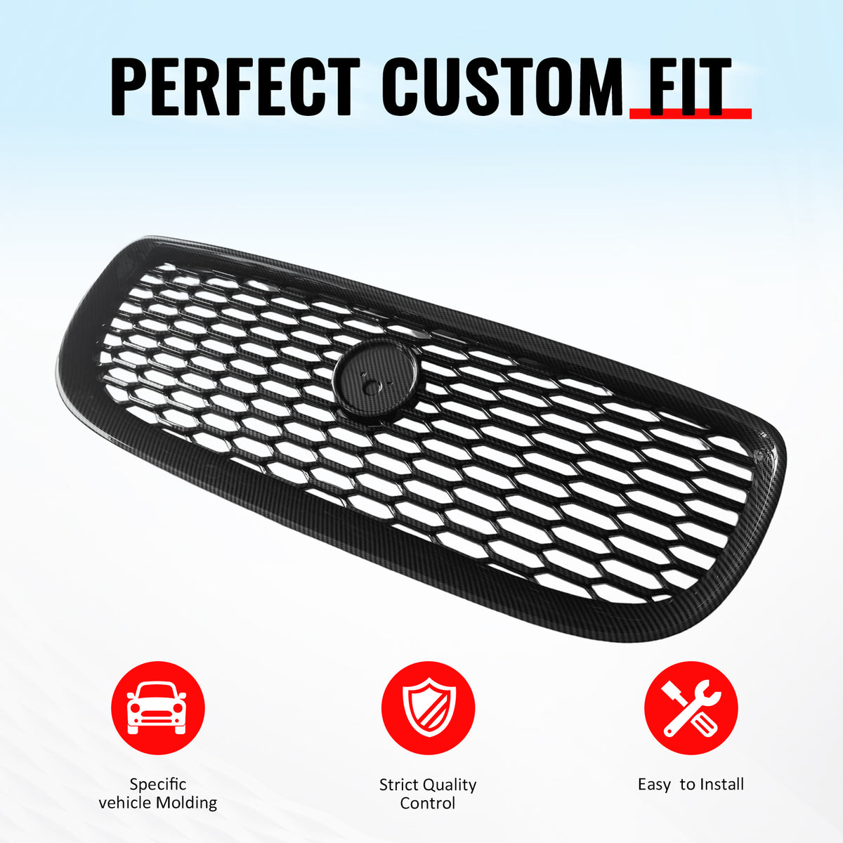 IKON MOTORSPORTS Front Upper Grille, Compatible with 2016-2019 Jaguar XE, 2020 Style Carbon Fiber Print ABS Replacement Front Bumper Hood Grill