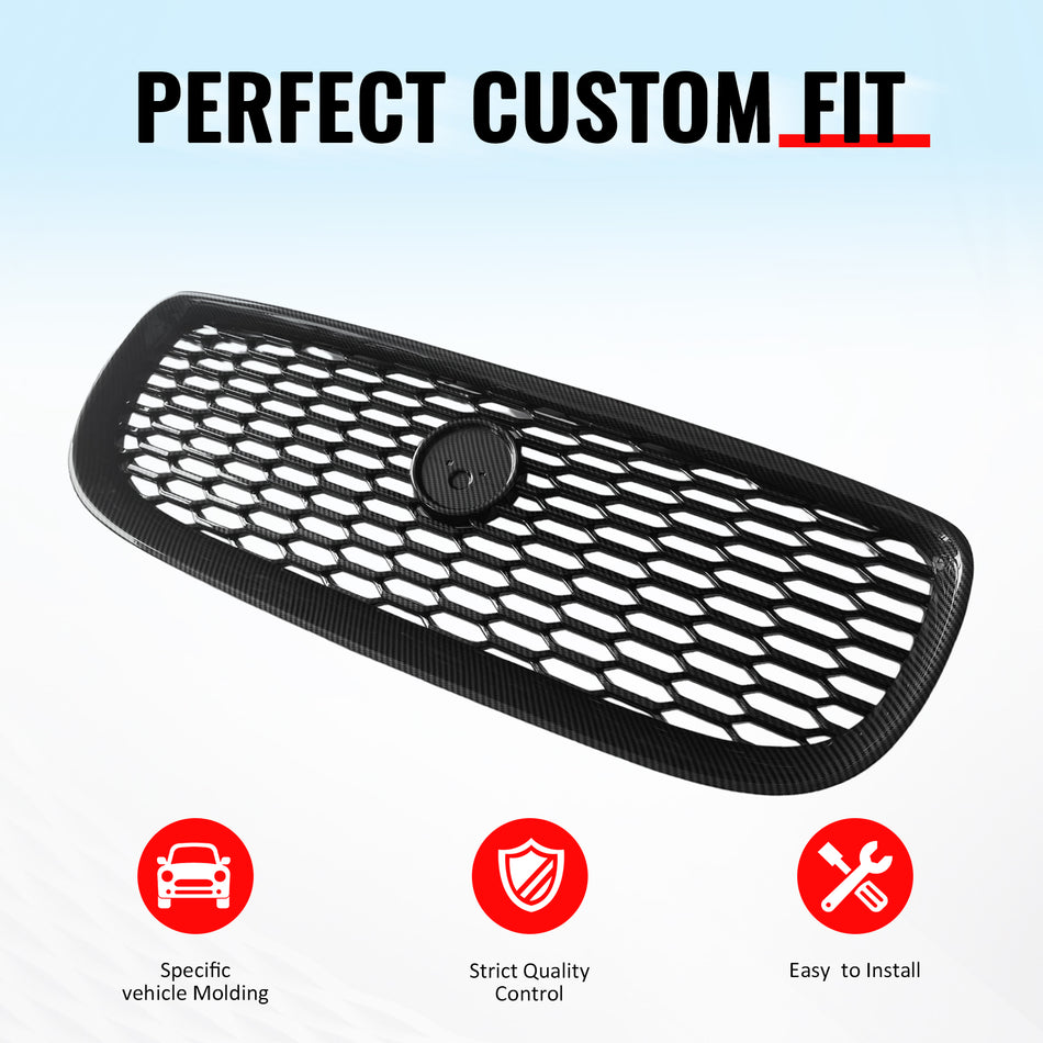 IKON MOTORSPORTS Front Upper Grille, Compatible with 2016-2019 Jaguar XE, 2020 Style Carbon Fiber Print ABS Replacement Front Bumper Hood Grill